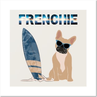 French Bulldog (Frenchie) Dog Wearing Sunglasses with Surf Board Posters and Art